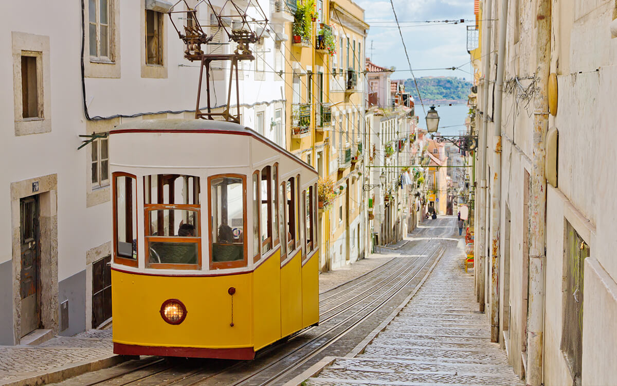 Wąskie uliczki Lizbony i słynny żółty tramwaj