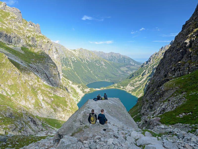 Zakopane, Poland - Aug 13, 2018: Hikers ejoy the view of the  of Czarny Staw pod Rysami and Morskie Oko lakes in the High Tatra Mountains.; Shutterstock ID 1159359775